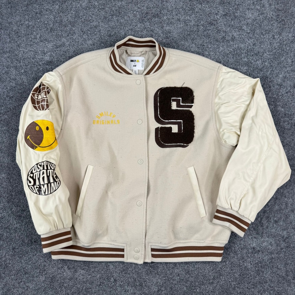 H&M Varsity Jacket Mens Size M Beige Smiley Originals Faux Leather Sleeve Bomber